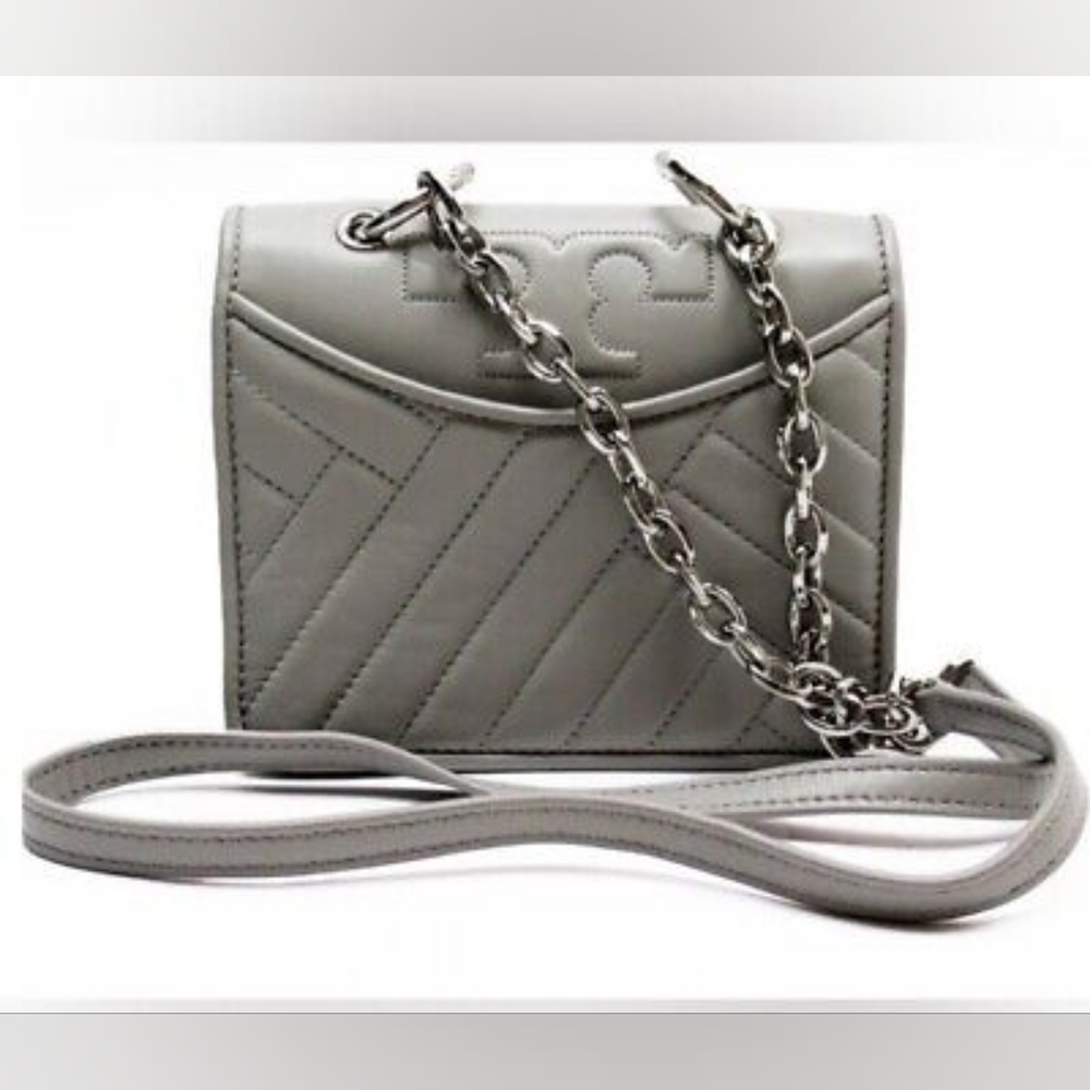 Tory Burch Alexa Quilted Mini Gray Leather Shoulder Bag Chain Strap - Picture 2 of 11